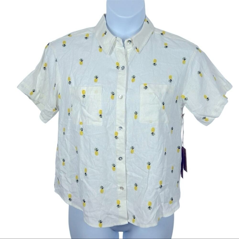Rae Dunn Pineapple Linen Button Down Shirt Large NWT Resort Vacation - Picture 3 of 13